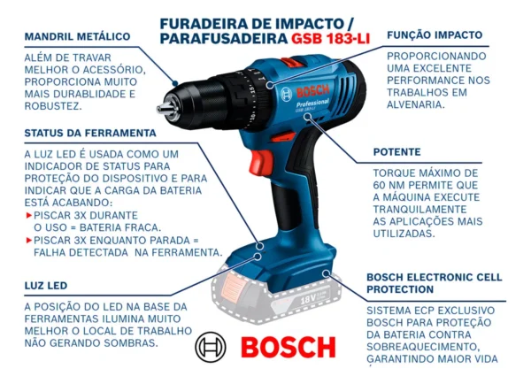 Parafusadeira E Furadeira De Impacto Bosch A Bateria 18v Maleta - Gsb 183-li Com Kit Brocas Buchas E Bits 300 Peças