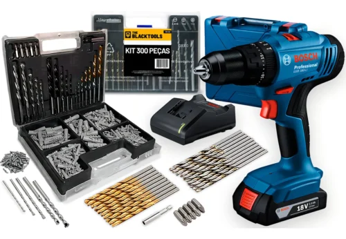 Parafusadeira E Furadeira De Impacto Bosch A Bateria 18v Maleta - Gsb 183-li Com Kit Brocas Buchas E Bits 300 Peças