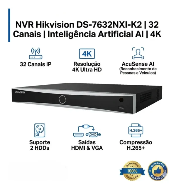 Hikvision DS-7632NXI-K2 preto 32 canais NVR 20 TB